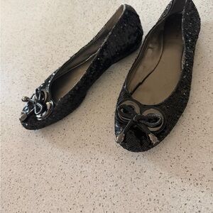 Tahari Black Sequin Flats with Bow Detail